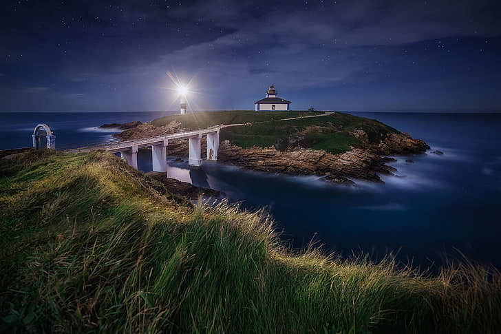 landscape, nature, lighthouse, bridge, grass, starry night, HD wallpaper