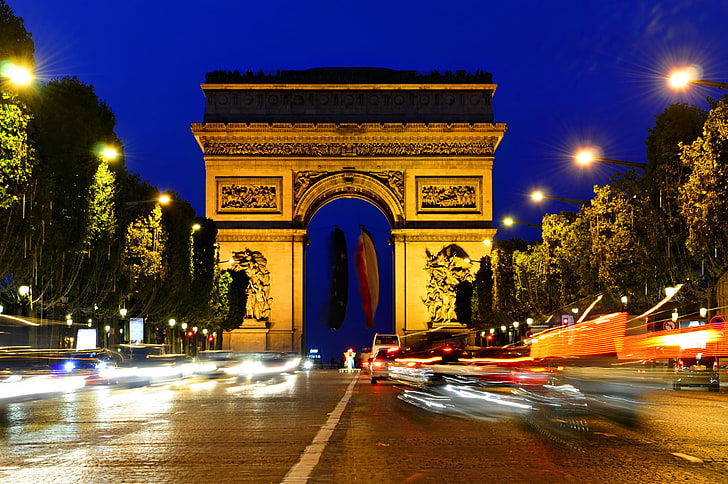 Arch de Triomphe, Paris, night, lights, Champs Elysees, avenue des Champs-Elysees, HD wallpaper