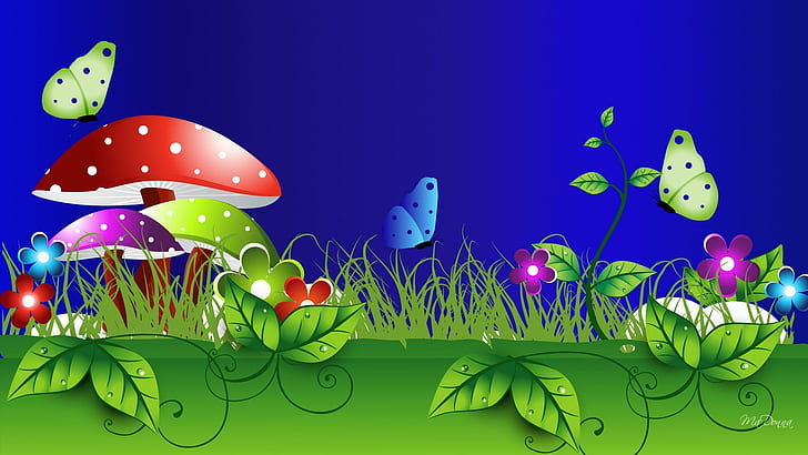Bright Beautiful Summer, toadstools, mushrooms, grass, flowers, HD wallpaper