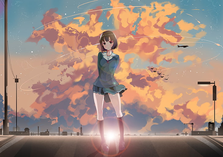 female anime character wearing school uniform, sunset, clouds