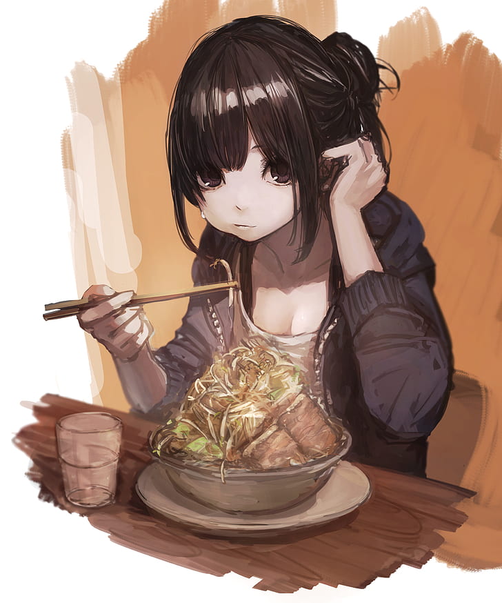 anime girls, Hashimoto Kokai, anime girls eating, food, dark eyes