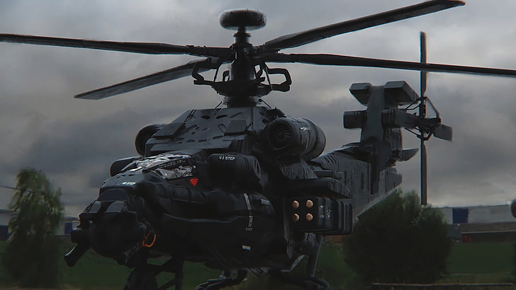 black helicopter, digital art, helicopters, sky, day, nature, HD wallpaper