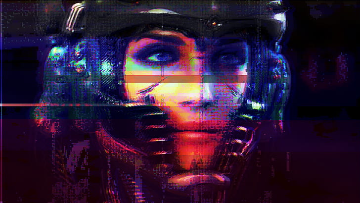 cyberpunk, glitch art, multi colored, one person, technology