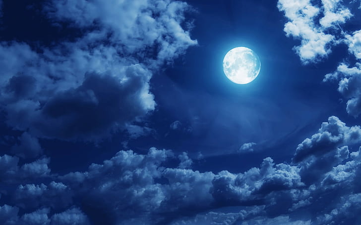 night, Moon, sky, moonlight, clouds