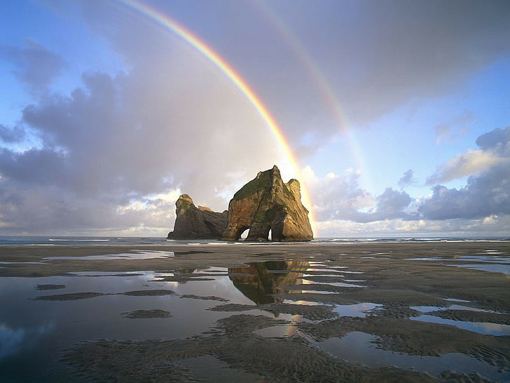 Sand, Rainbow, Rocks, Pools, Water, New zealand, sky, scenics - nature, HD wallpaper