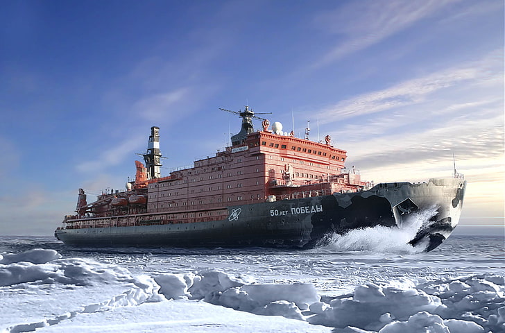 black and red ship, Winter, Sea, Snow, Board, Ice, The ship, Russia, HD wallpaper