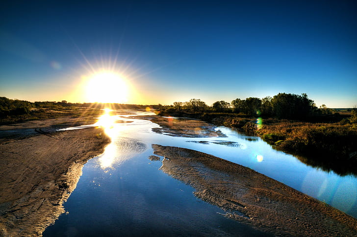 body of water and brown open field under blue sky during sunset, canadian river, canadian river
