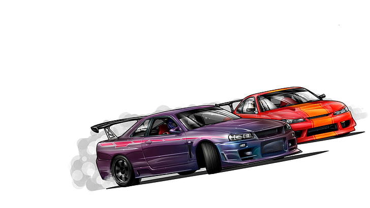 purple and orange cars, race cars, GT-R, Nissan Skyline R34, white background