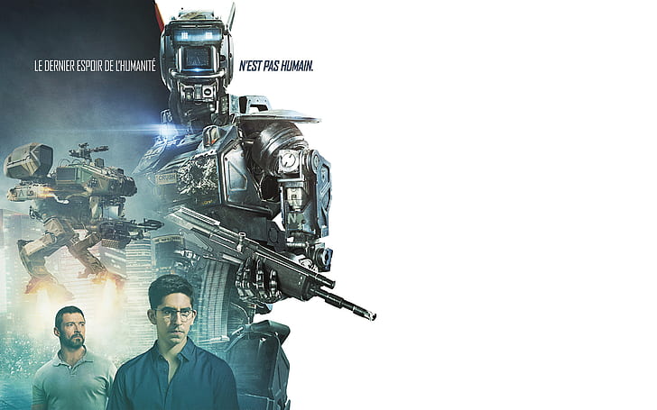 weapons, robot, white background, poster, Hugh Jackman, Chappie