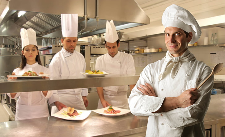 men's white chef uniform, cook, foreman, kitchen, dishes, restaurant