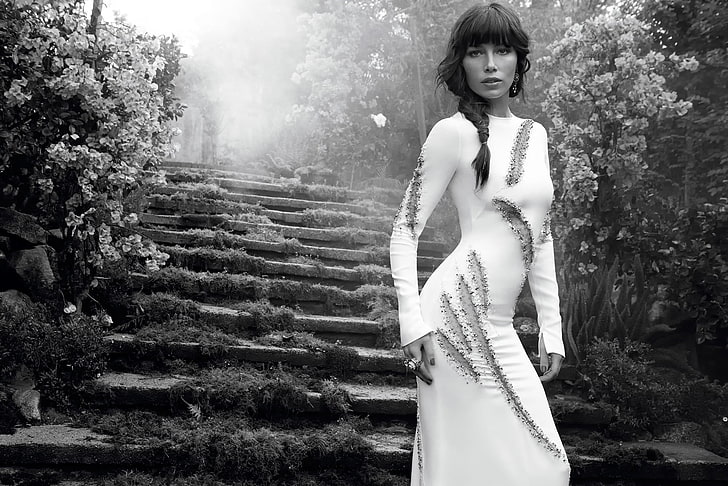 grayscale white dress, photoshoot, Jessica Biel, InStyle, one person