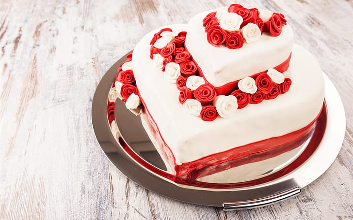 Sweet cake, dessert, roses, love hearts, HD wallpaper