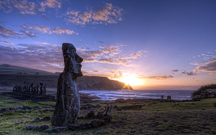 Easter Island Statues Sunset Coast HD, nature