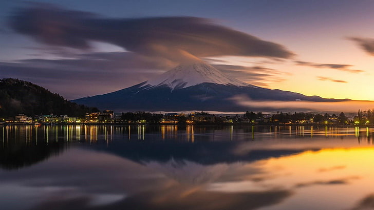 dusk, landscape, asia, japan, mount fuji, lake kawaguchi, calm, HD wallpaper