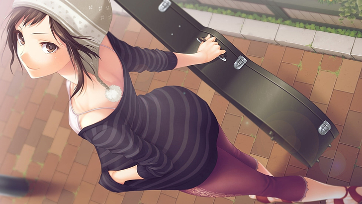 female anime character holding black guitar box, anime character holding guitar bag, HD wallpaper
