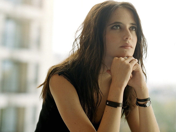 Eva Green, women, actress, brunette, thinking, looking into the distance