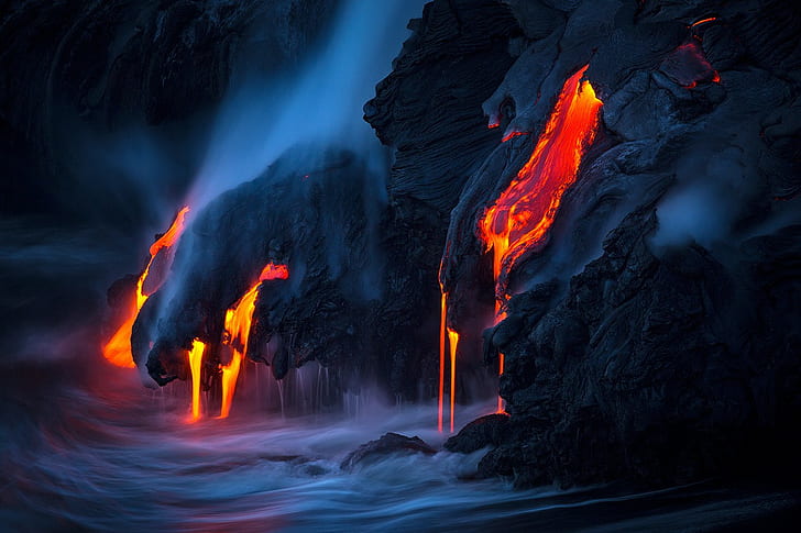 volcano, Tom Kualii, island, lava, nature, Hawaii, rocks, sea, HD wallpaper