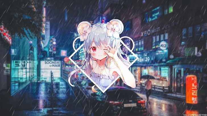anime, anime girls, picture-in-picture, road, South Korea, city