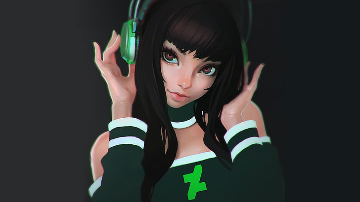 female character with green headphones illustration, digital art