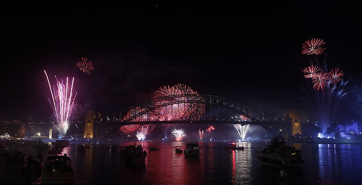black and red LED light, explosion, fireworks, Sydney, boat, night, HD wallpaper