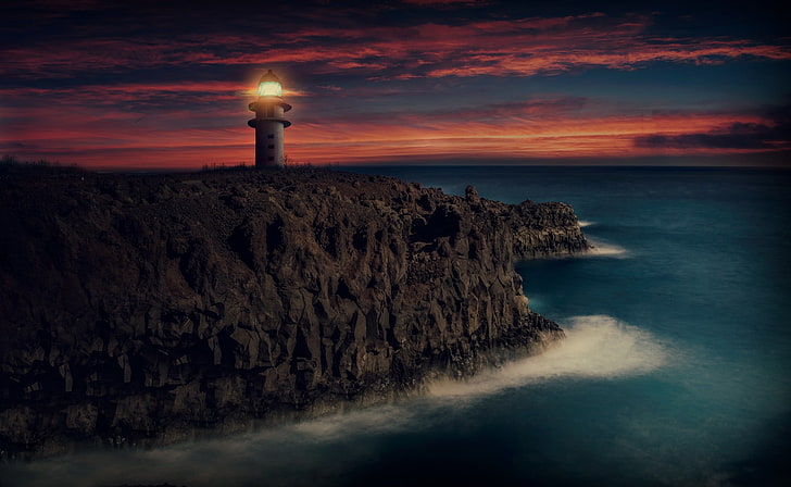 lighthouse on cliff painting, rock, sea, sky, water, tower, guidance, HD wallpaper