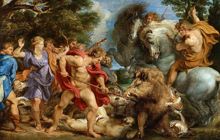 people hunting wild boar painting, picture, Peter Paul Rubens, HD wallpaper