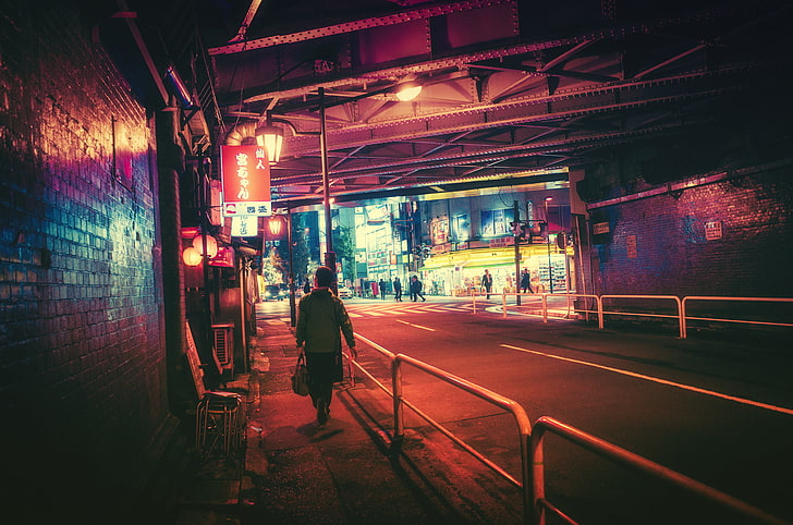 person walking sidewalk at night, Japan, neon, Masashi Wakui