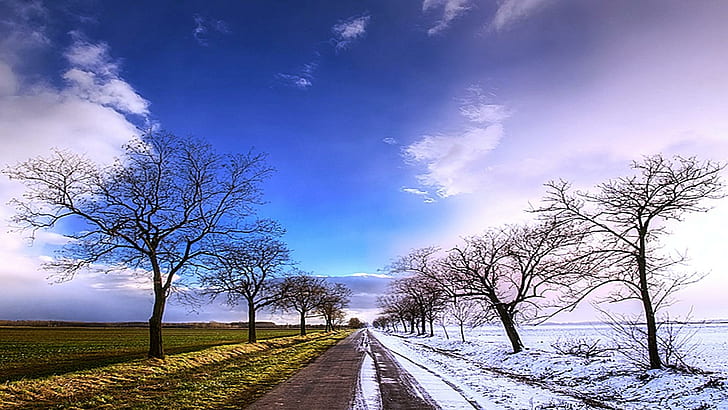 Changing Of Climate, snow and green field road, lovely, cool