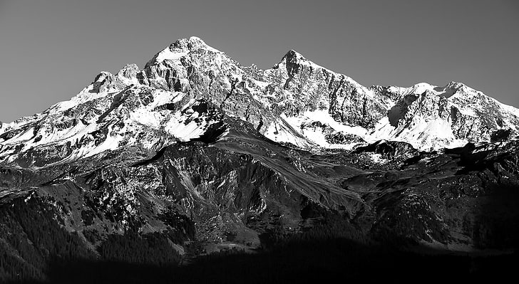 Swiss Alps, Savognin, grayscale mountain, Black and White, Summer