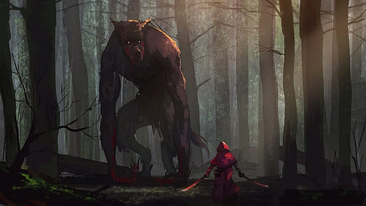 weapon, werewolves, wood, Little Red Riding Hood, sword, hoods, HD wallpaper
