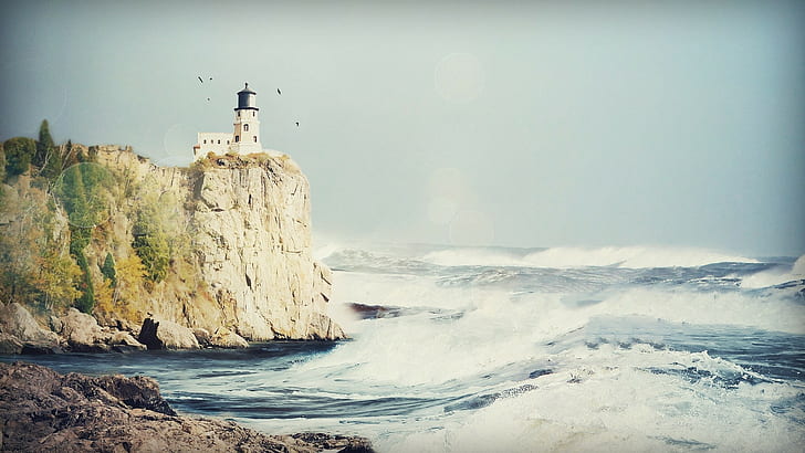 lighthouse, Split Rock Lighthouse, nature, sea, cliff, HD wallpaper