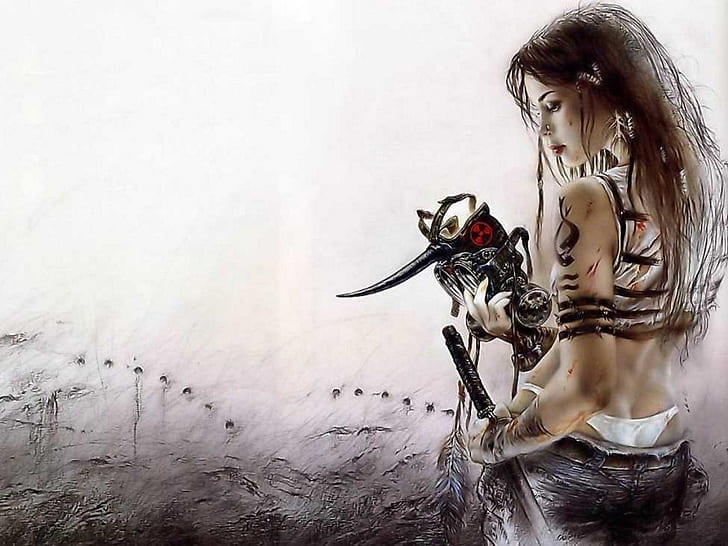 Luis Royo HD, female profile holding a sword game, fantasy, HD wallpaper