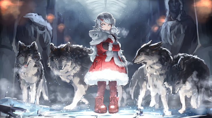 girl anime character near the wolf digital wallpaper, Original, HD wallpaper