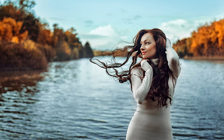 women, model, nature, river, water, sweater dress, young adult