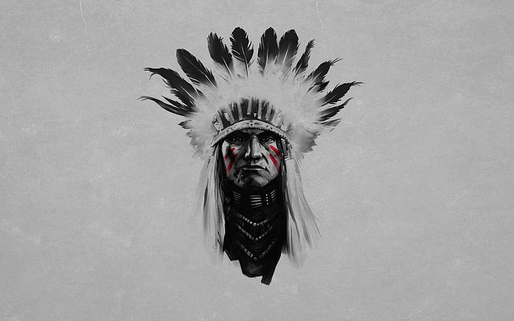 feathers, men, artwork, one person, indoors, front view, headdress