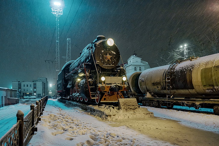 night, train, winter, snow, locomotive, illuminated, fuel and power generation