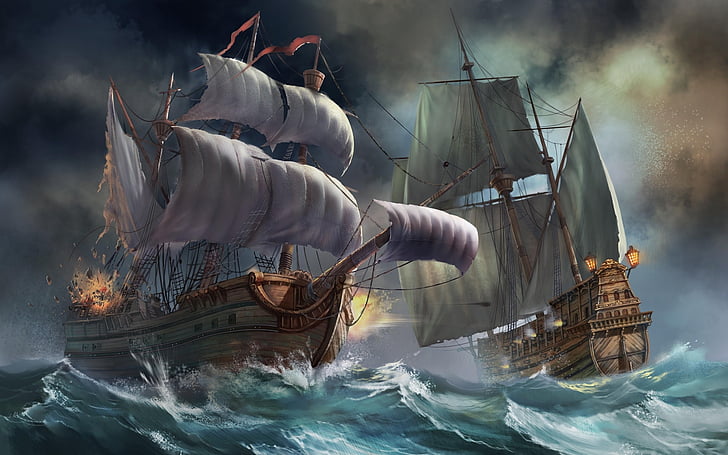 art, battle, fantasy, ocean, ships, war, waves, HD wallpaper