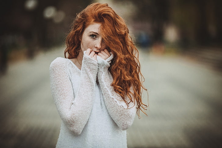 women's brown hair, redhead, looking at viewer, freckles, long hair