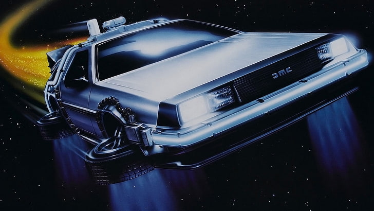 white GMC coupe illustration, Back to the Future, science fiction