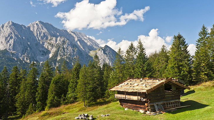 cottage, europe, germany, meadow, tree, log, hut, cabin, valley, HD wallpaper