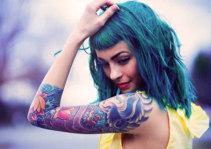 women, blue hair, dyed hair, nose rings, pierced nose, tattoo