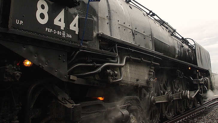 black train, steam locomotive, dust, railway, wheels, metal, pipes
