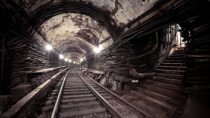 brown train tunnel, railway, subway, track, rail transportation