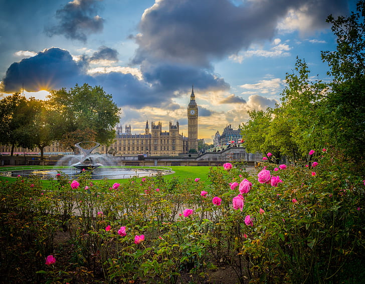 Palaces, Palace Of Westminster, Big Ben, England, Fountain, HD wallpaper
