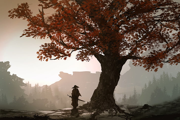 maple leaf tree, landscape, samurai, real people, one person, HD wallpaper