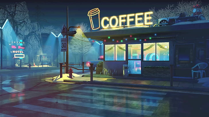 coffee, coffee house, digital art, artwork, Retro style, crosswalk, HD wallpaper