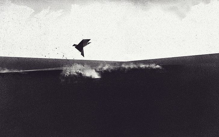 grayscale photo of bird character flying, birds, noisy, artwork, HD wallpaper