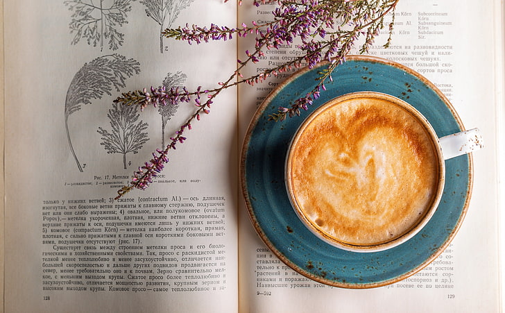 Cappuccino, Old Botany Book, Vintage, Brown, Cream, Cafe, Table