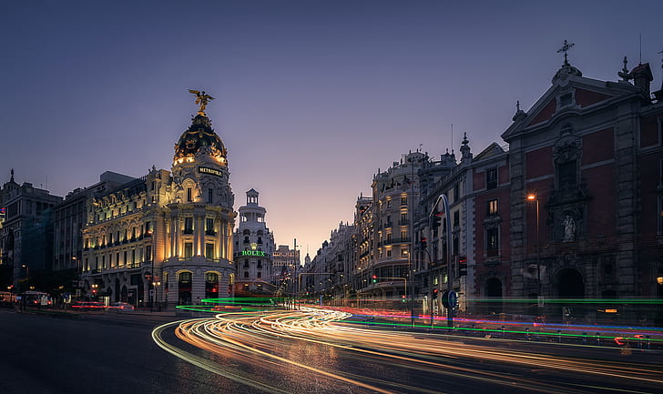Spain, Madrid, long exposure, city, cityscape, traffic, HD wallpaper