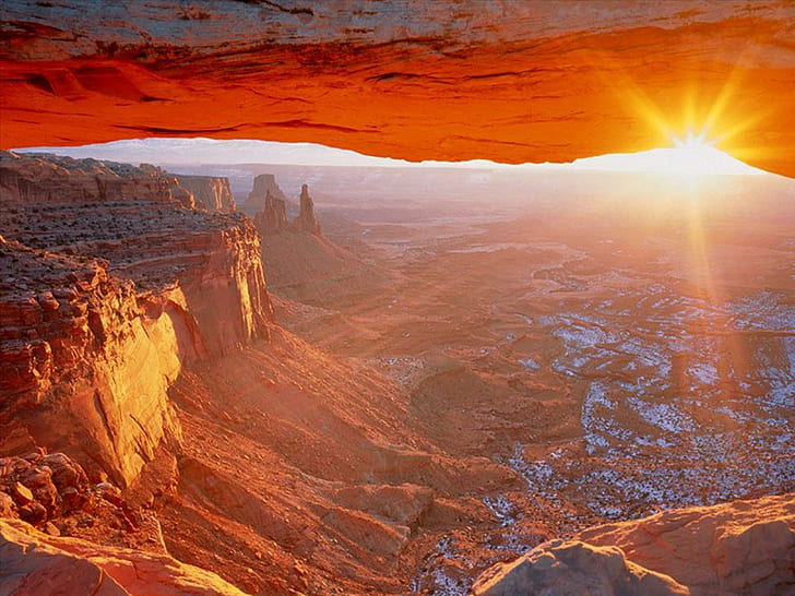 ridge, mountains, sunlight, nature, landscape, Mesa arch, Canyonlands National Park, HD wallpaper